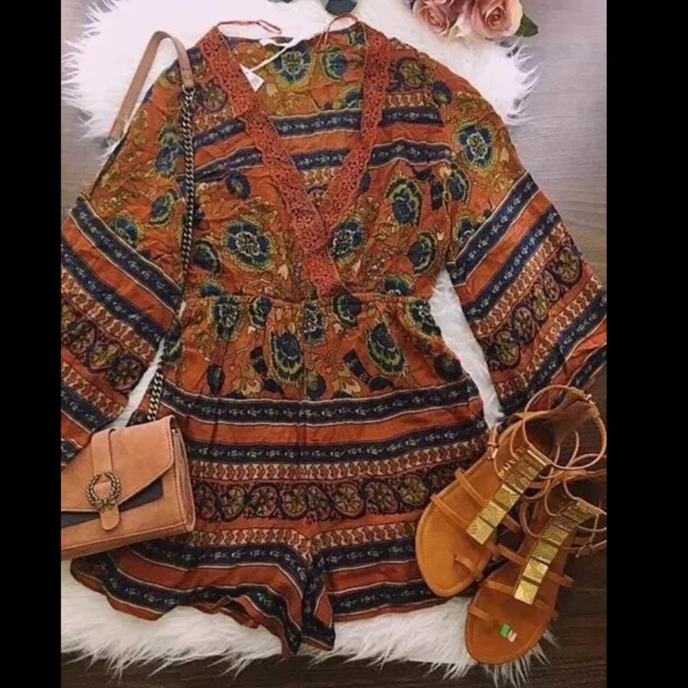 Zara Rust Orange Multicolor Boho Romper